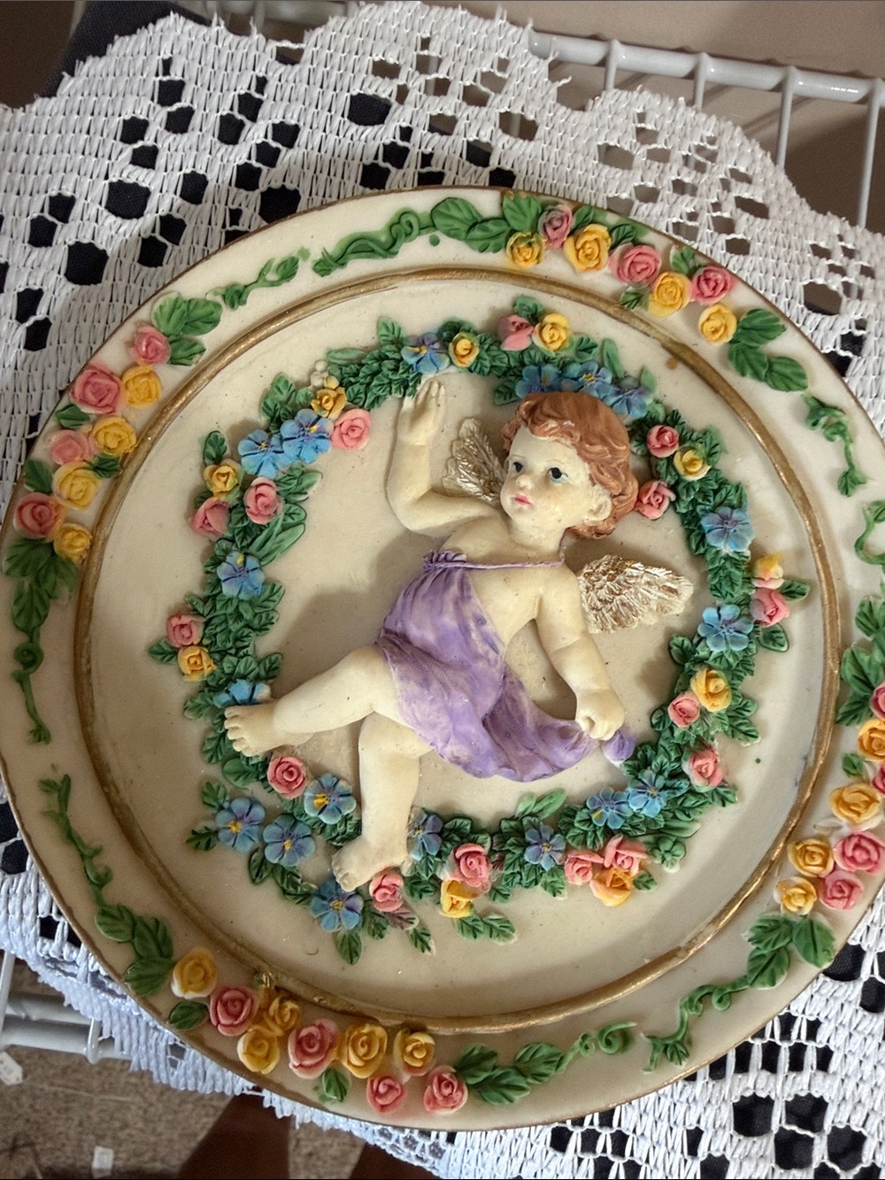 Cherub Floral Wall Plaque in Cream with Pastel Accents